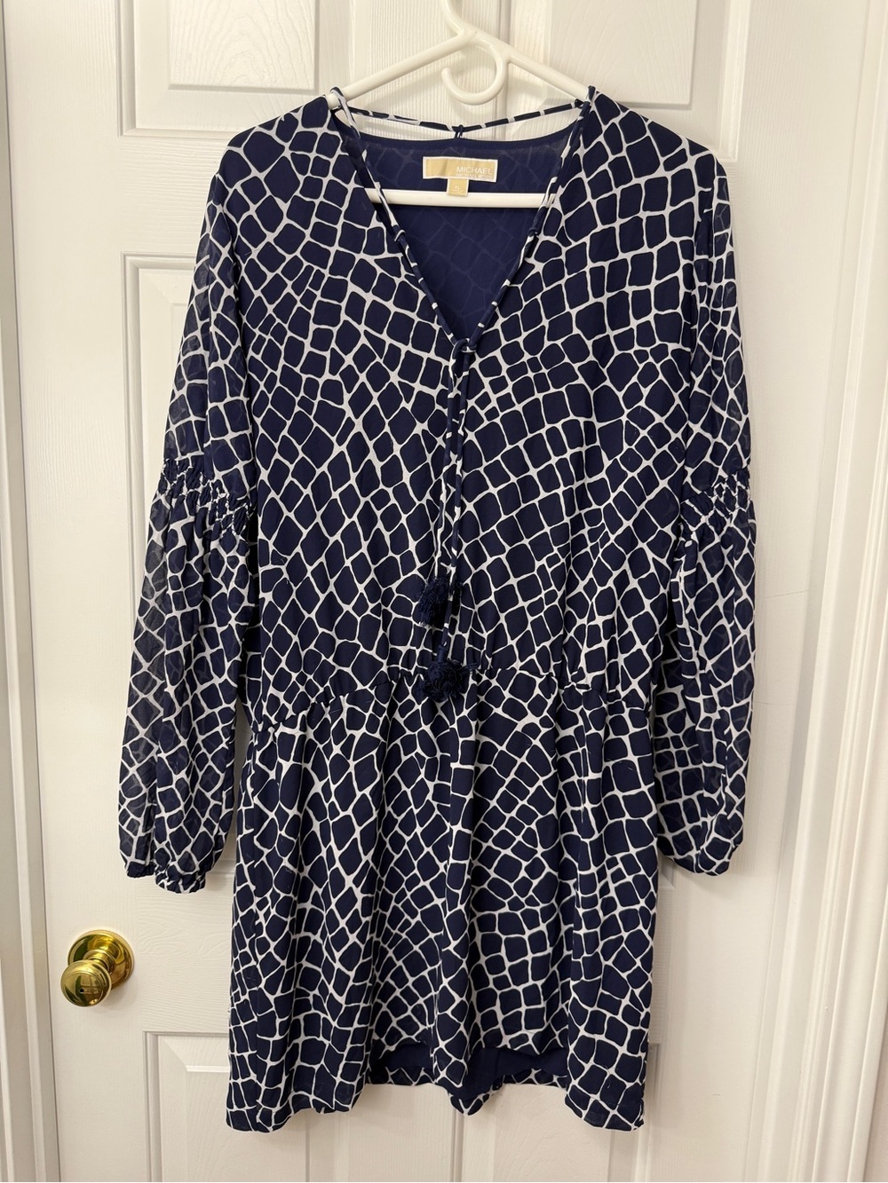 Michael Kors Navy and White Geo-Print Mini Dress with Tassel Tie